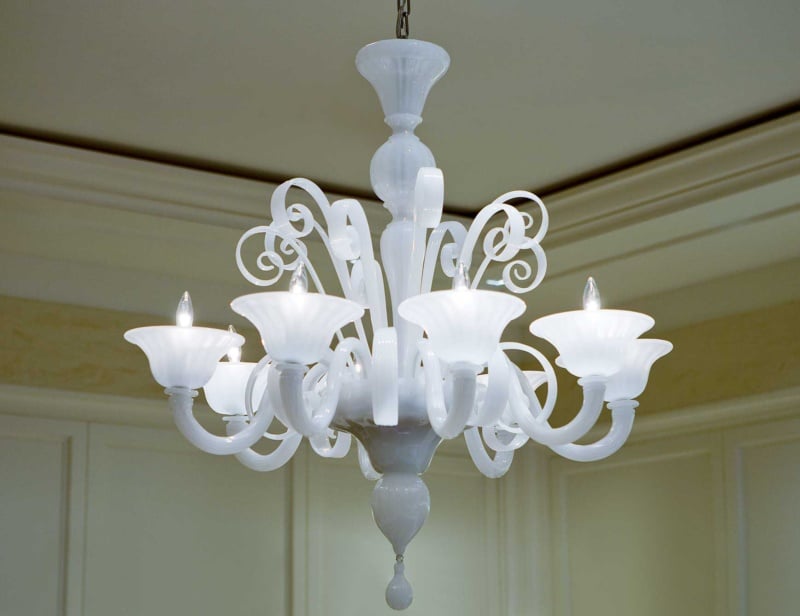 White Murano 8 modern Italian chandelier with white glass